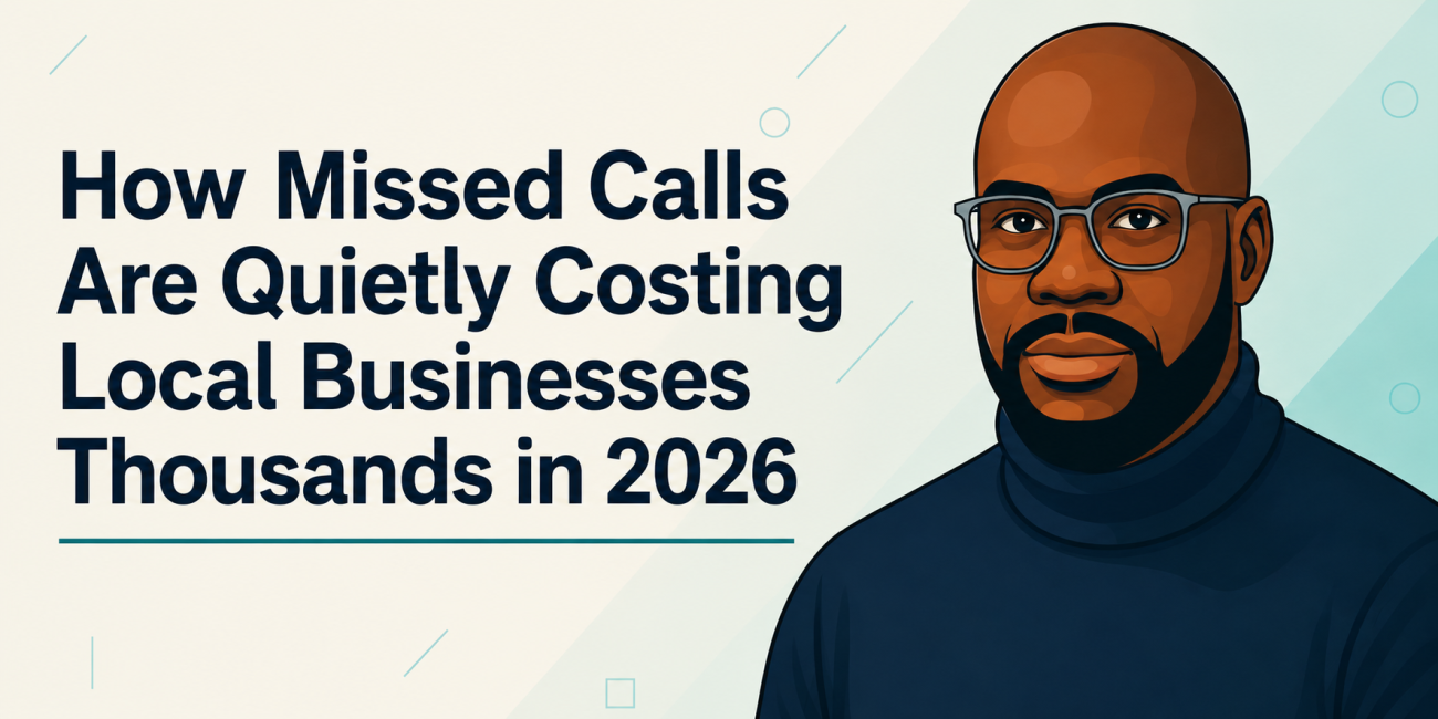 Professional CornellyHS blog hero image featuring a modern vector illustration portrait of CornellyHS on the right with a clean teal and cream gradient background. Large bold text on the left reads: “How Missed Calls Are Quietly Costing Local Businesses Thousands in 2026.” Minimalist modern business aesthetic with high readability and subtle geometric accents.