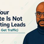 Modern CornellyHS blog hero image featuring a professional vector illustration portrait of a bald Black man wearing glasses on the right side, with the title ‘Why Your Website Is Not Converting Leads (Even If You Get Traffic)’ displayed in bold navy text on a clean light teal and cream gradient background.