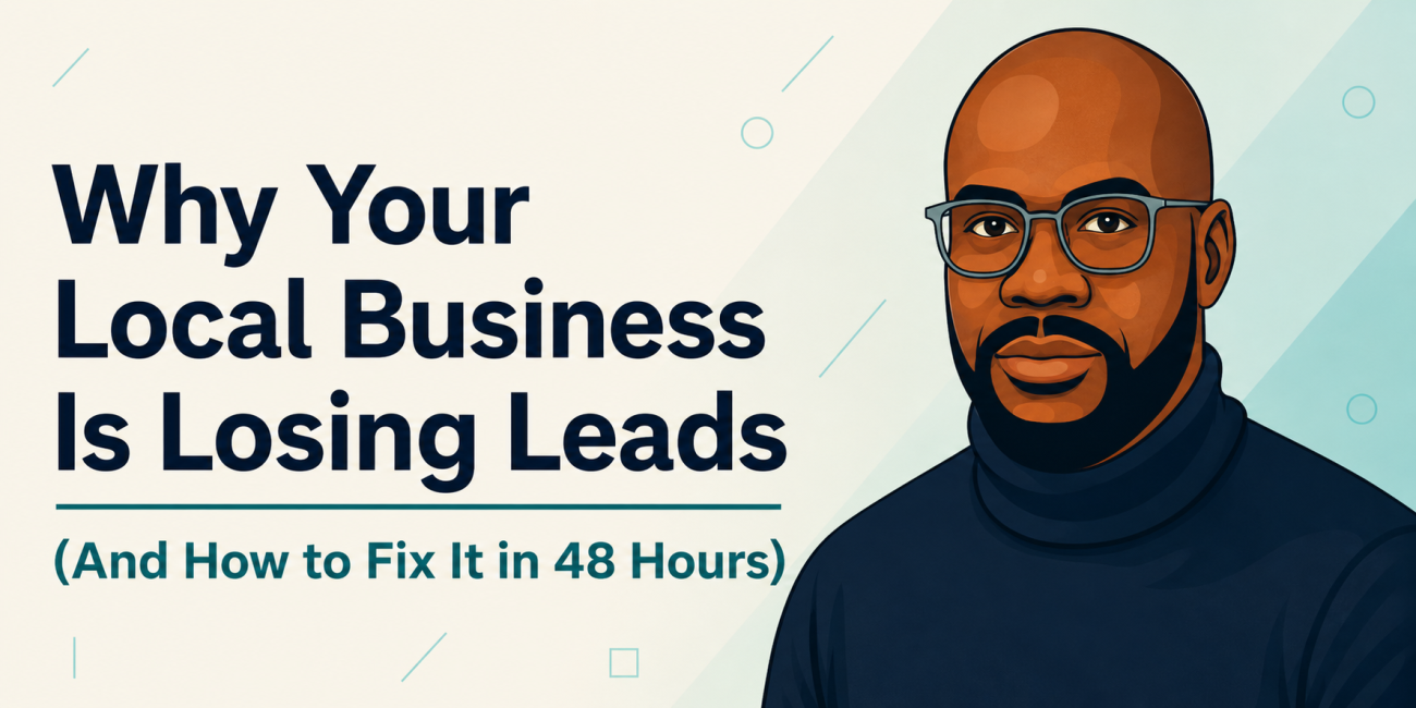 Illustration of a local business consultant beside the headline "Why Your Local Business Is Losing Leads (And How to Fix It in 48 Hours)." The image features a clean modern design with a light teal and cream background, bold navy typography, and a professional portrait representing business growth, lead generation, and customer conversion strategies for local businesses.