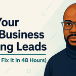 Illustration of a local business consultant beside the headline "Why Your Local Business Is Losing Leads (And How to Fix It in 48 Hours)." The image features a clean modern design with a light teal and cream background, bold navy typography, and a professional portrait representing business growth, lead generation, and customer conversion strategies for local businesses.